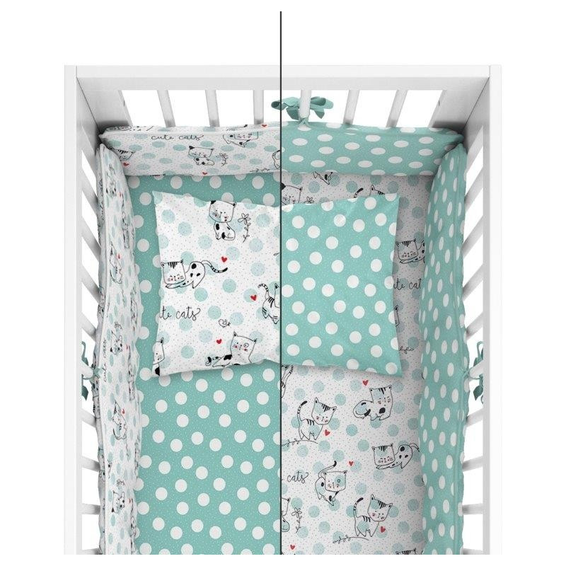 Double sided bedding + bumper Little Cats Green - MyTrendyHome.dk