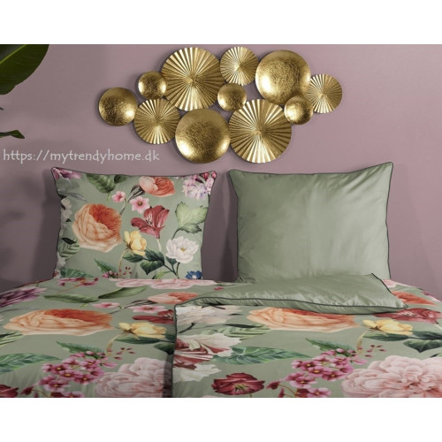 Bomuldssatin sengetøj Fiori Green med roser blomster - MyTrendyHome.dk