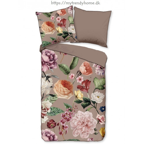Bomuldssatin sengetøj Fiori Taupe med roser blomster - MyTrendyHome.dk