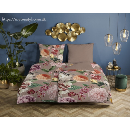 Bomuldssatin sengetøj Fiori Taupe med roser blomster - MyTrendyHome.dk
