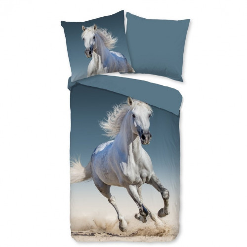 Flonel sengesæt Star Blue med hvide hest  fra MyTrendyHome.dk