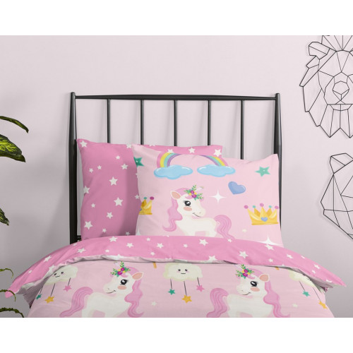 Junior sengetøj Unilove, Pink med  Enhjørnet og regnbue fra MyTrendyHome. dk