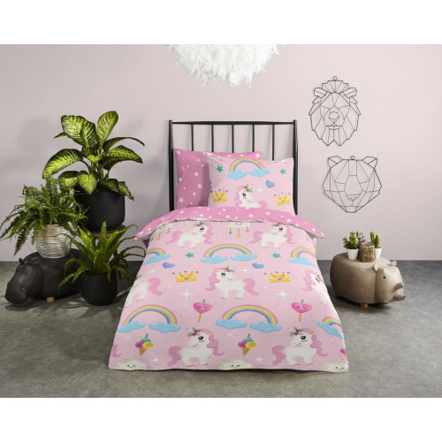 Junior sengetøj Unilove, Pink med  Enhjørnet og regnbue fra MyTrendyHome. dk