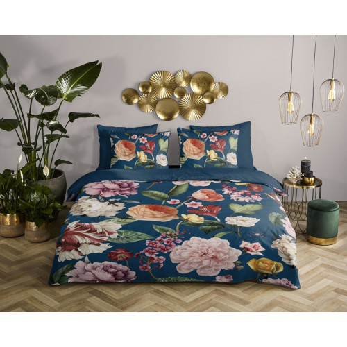 Bomuldssatin sengetøj Fiori Navi Blå med roser blomster - MyTrendyHome.dk