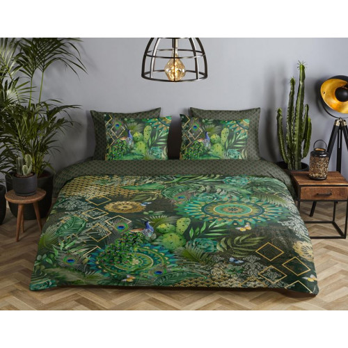 Bomuldssatin sengetøj Botania Green med mandala ornament og påfugl fra MyTrendyHome.dk