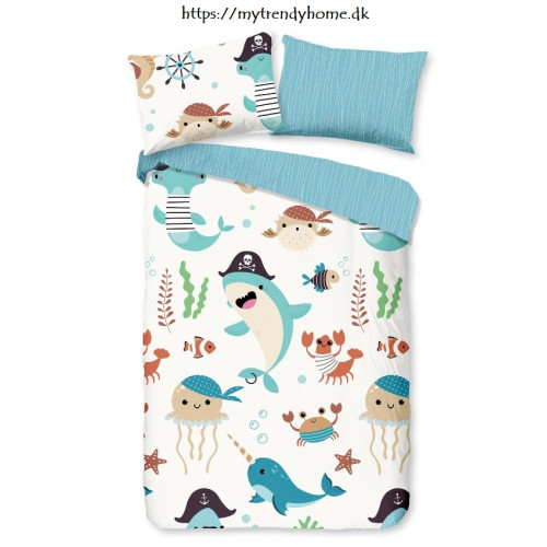 Junior sengetøj Seaworld i ren bomuld med havdyr fra MyTrendyHome. dk